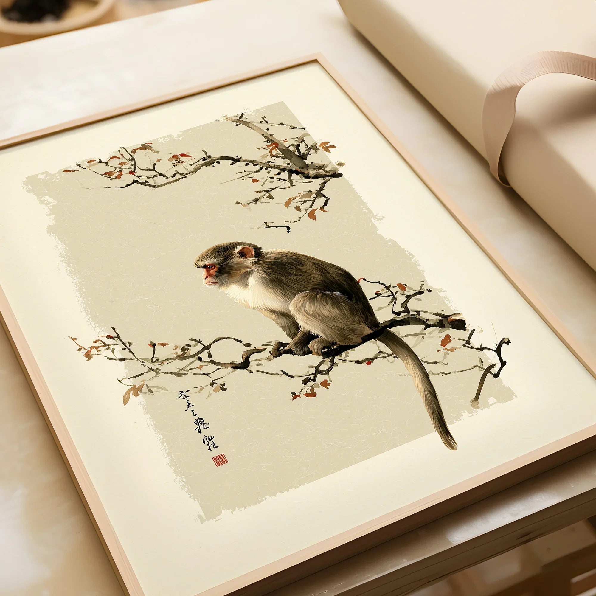 Japanese Monkey Wall Art – Vintage Japanese Nature Print — framed art print closeup gift unwrapped natural frame