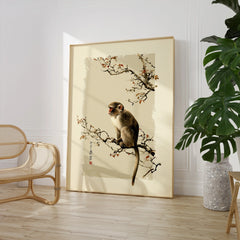 Japanese Monkey Wall Art – Vintage Japanese Nature Print — large framed print room setting chair plant