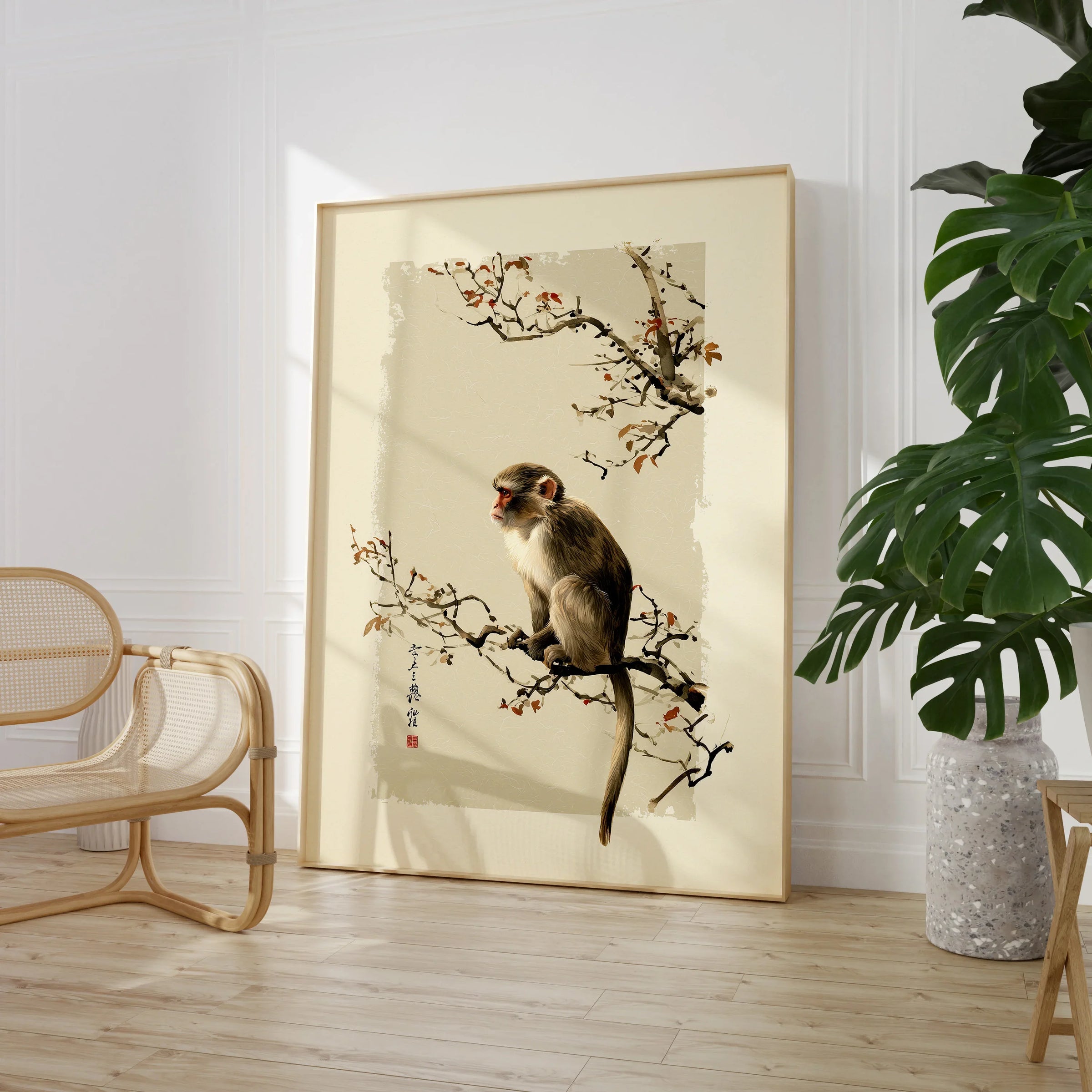 Japanese Monkey Wall Art – Vintage Japanese Nature Print — large framed print room setting chair plant