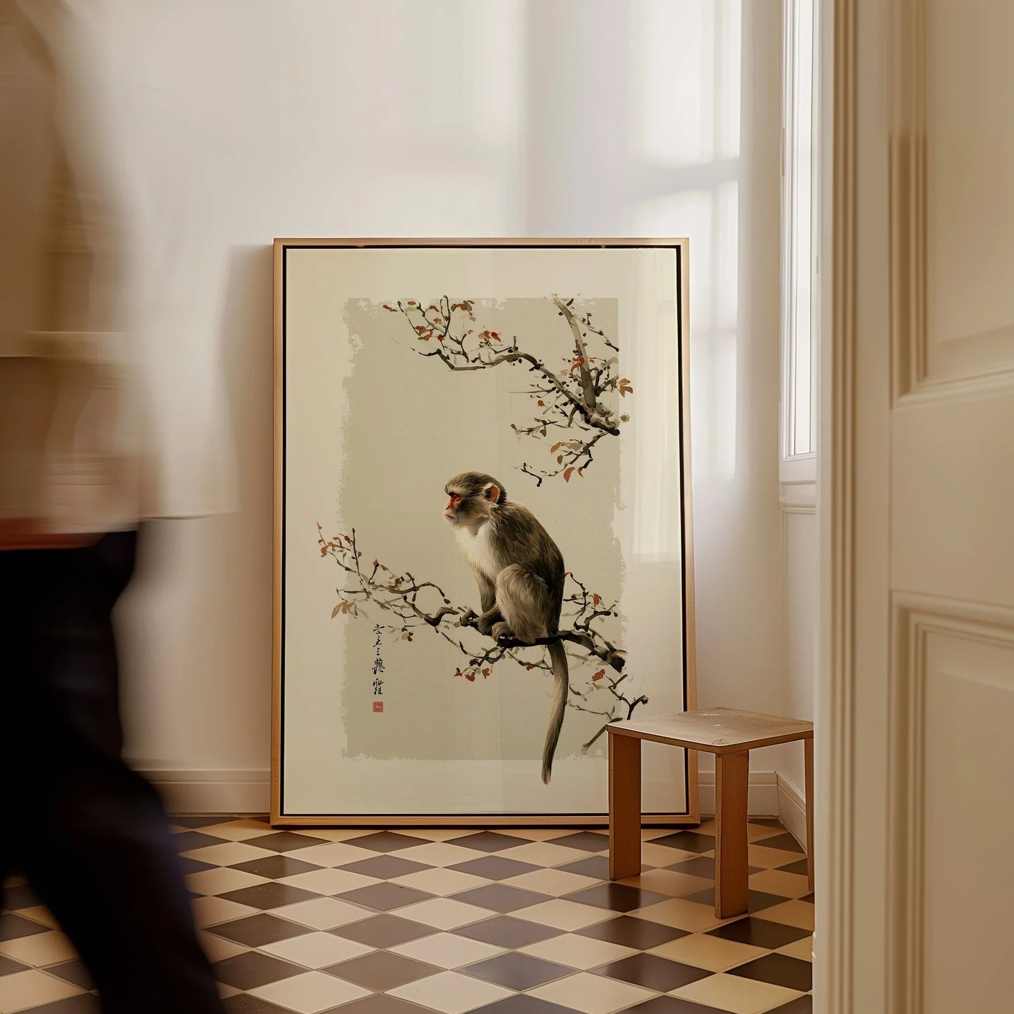 Japanese Monkey Wall Art – Vintage Japanese Nature Print — framed canvas on floor man walking past