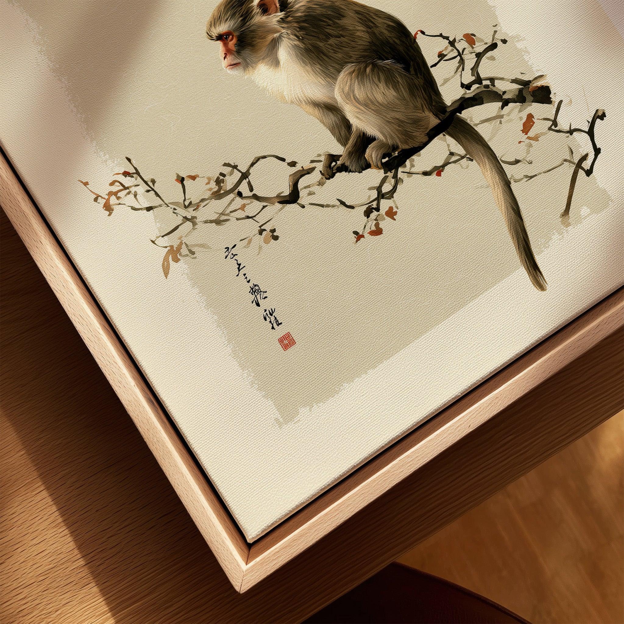Japanese Monkey Wall Art – Vintage Japanese Nature Print — closeup framed canvas natural wood floating frame