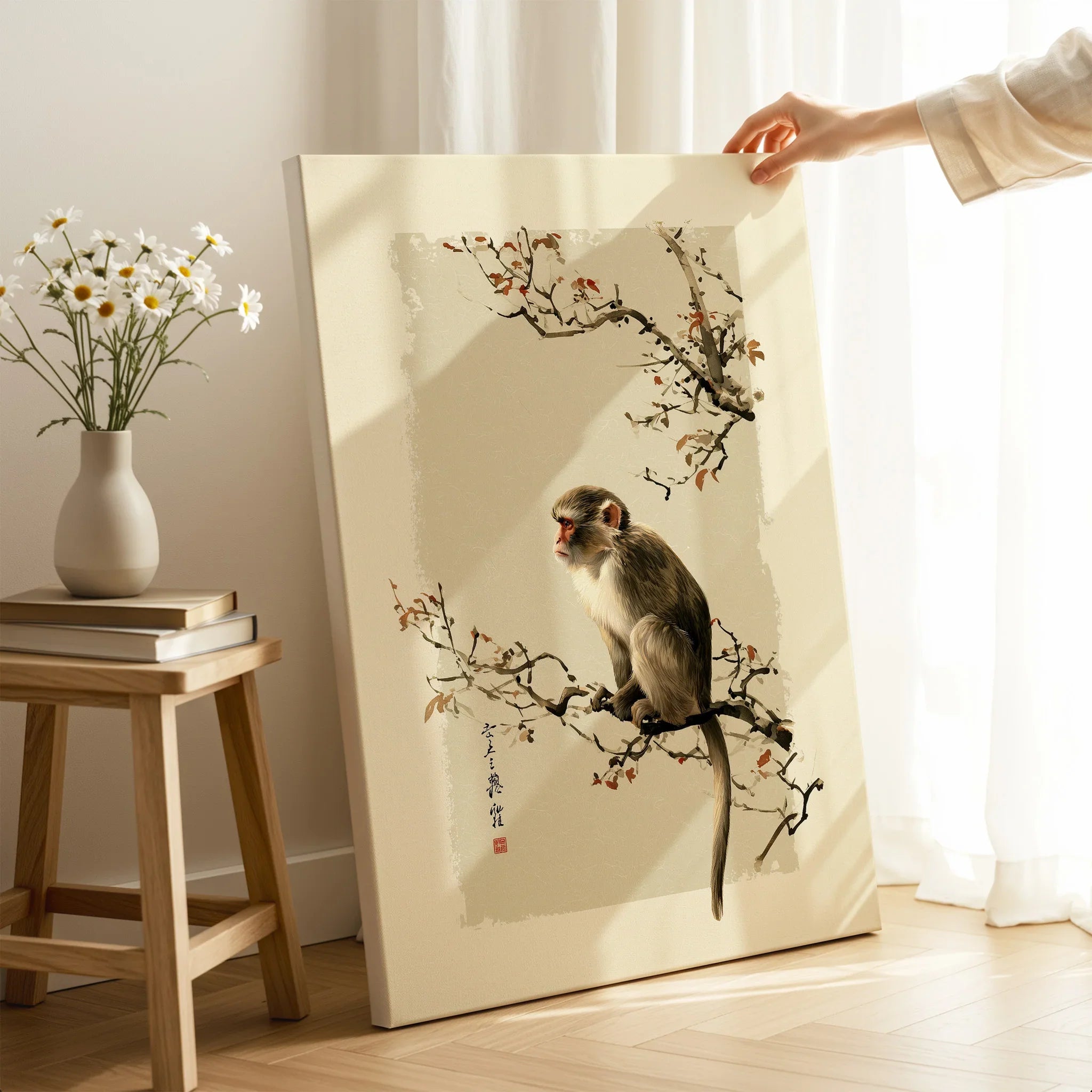 Japanese Monkey Wall Art – Vintage Japanese Nature Print — canvas print mirror edge hand holding room setting