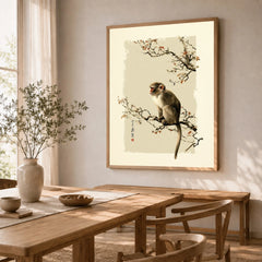 Japanese Monkey Wall Art – Vintage Japanese Nature Print — dining room framed print natural wood frame