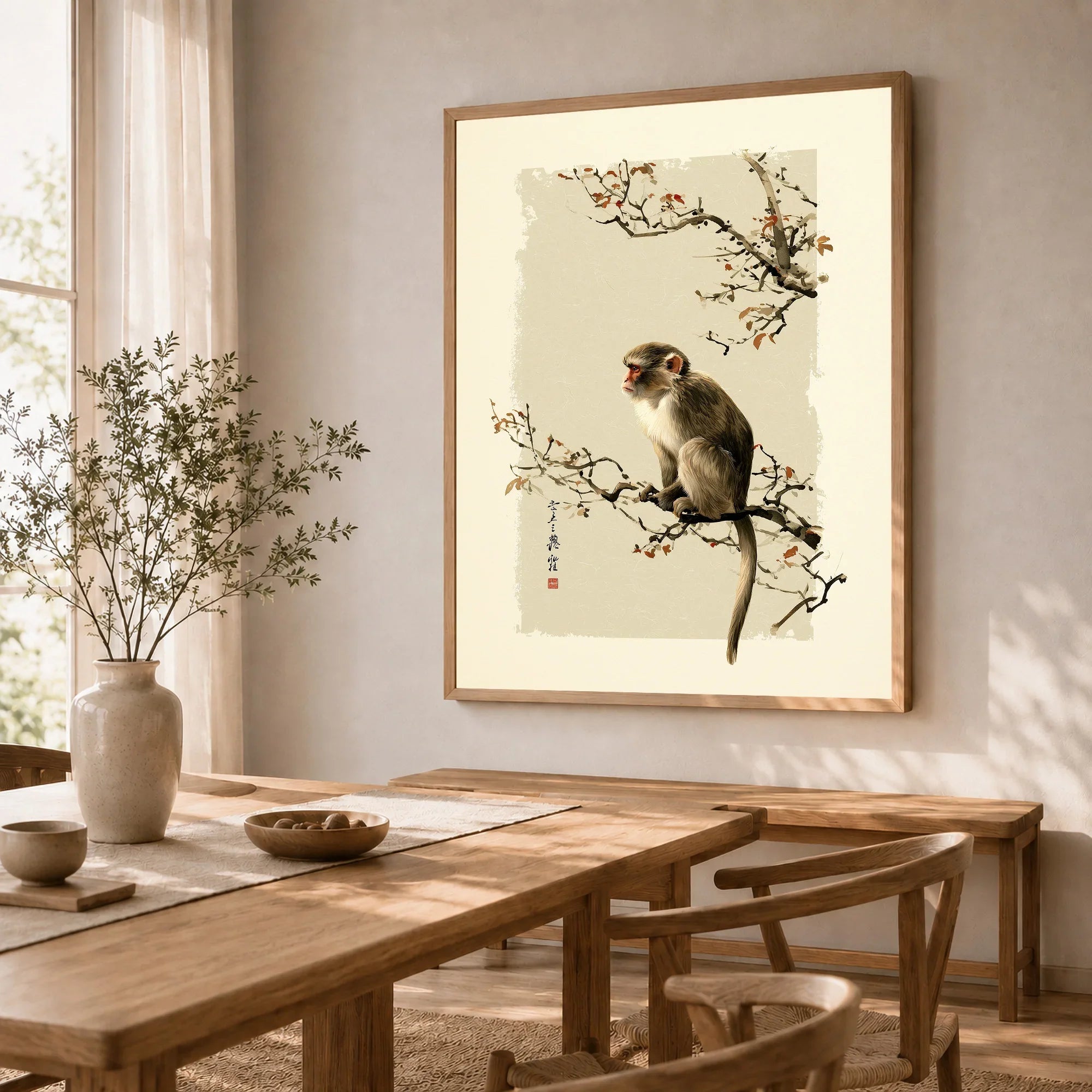 Japanese Monkey Wall Art – Vintage Japanese Nature Print — dining room framed print natural wood frame