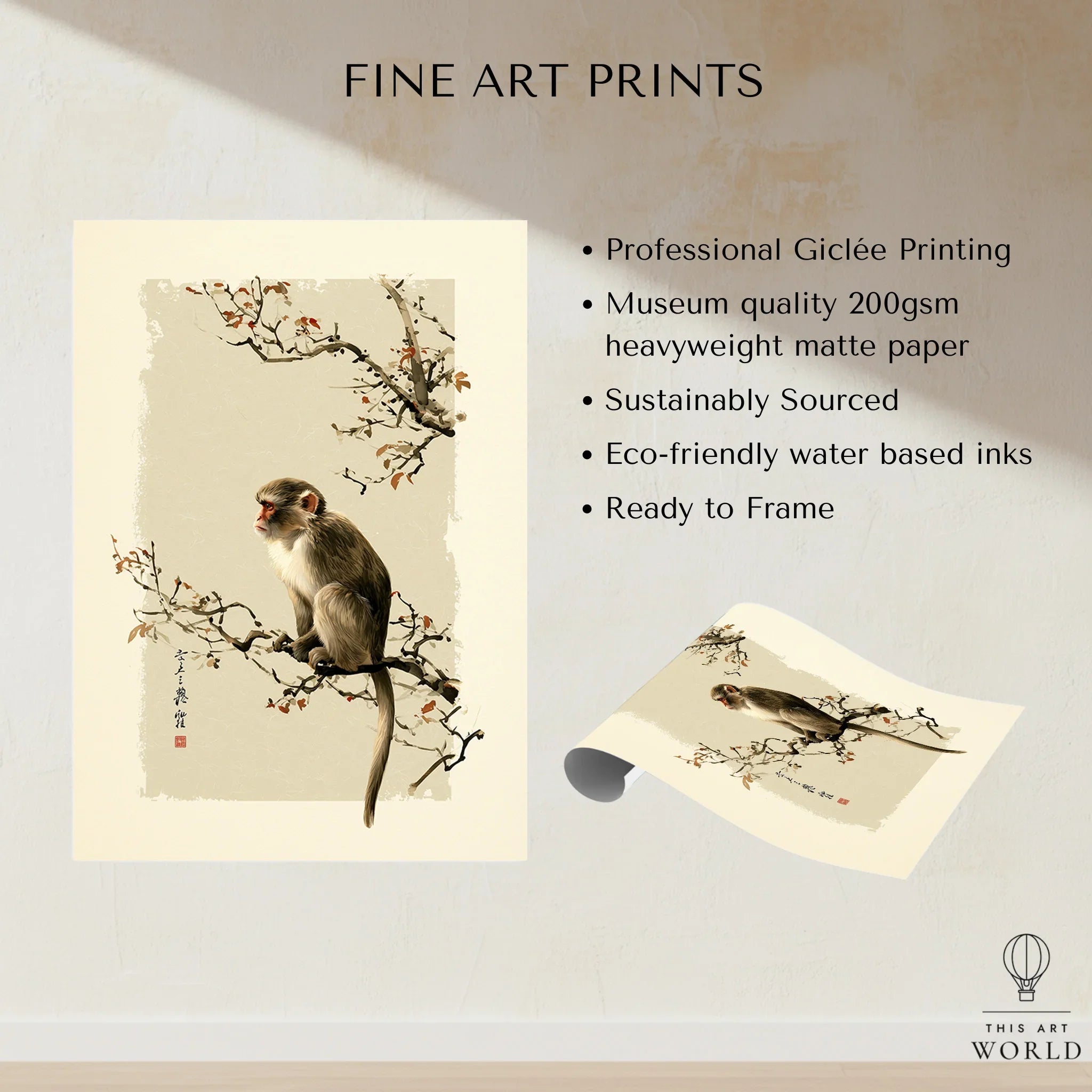 Japanese Monkey Wall Art – Vintage Japanese Nature Print — fine art print unframed quality details