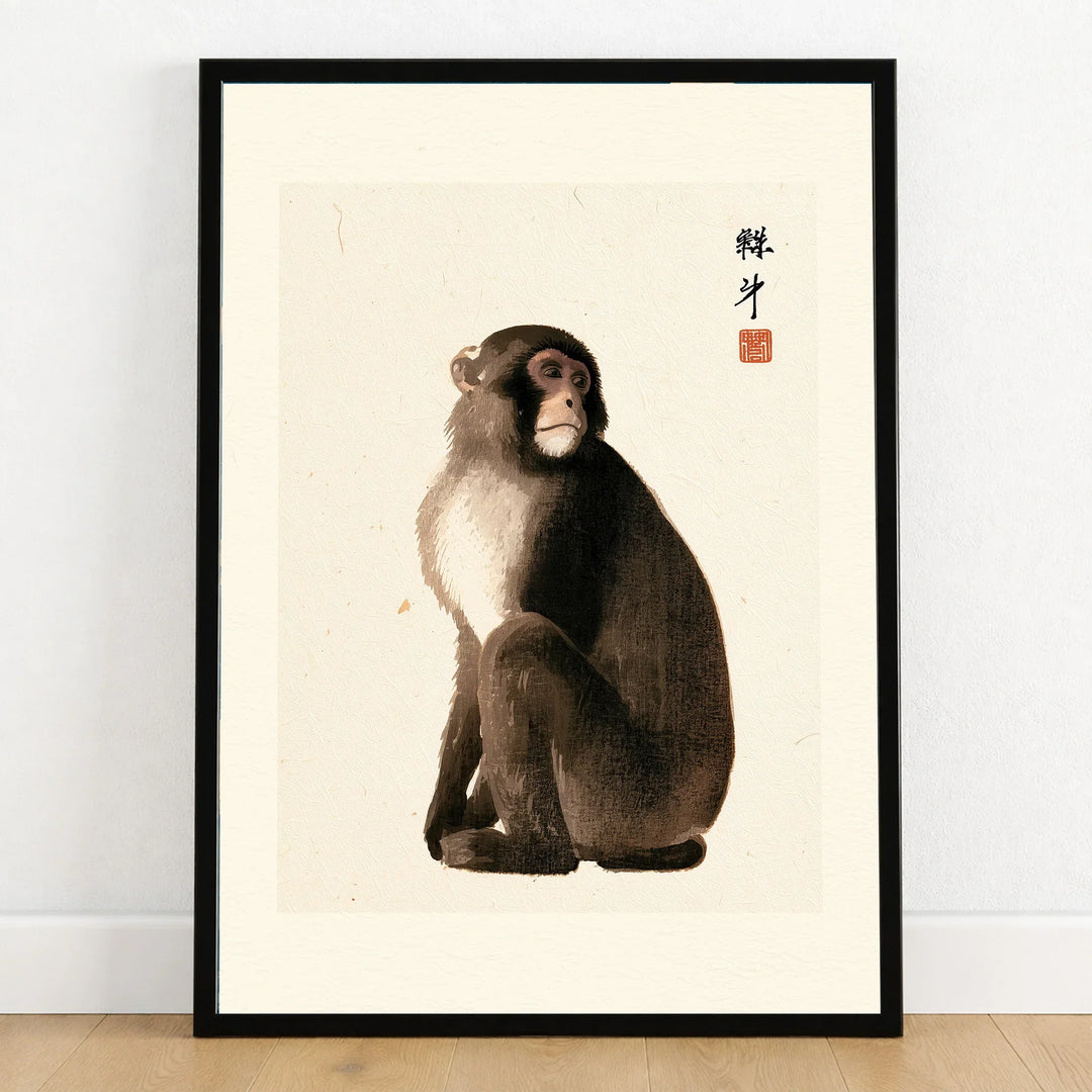 Vintage Japanese Monkey Art Print – Animal Wall Art — art print in black frame on wooden floor