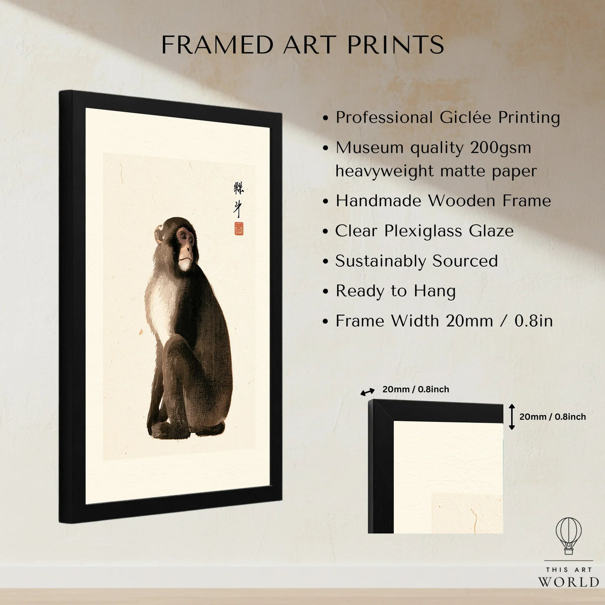 Vintage Japanese Monkey Art Print – Animal Wall Art — framed print details measurements quality details