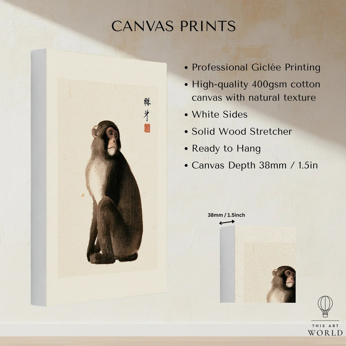 Vintage Japanese Monkey Art Print – Animal Wall Art — canvas print stretched cotton canvas details