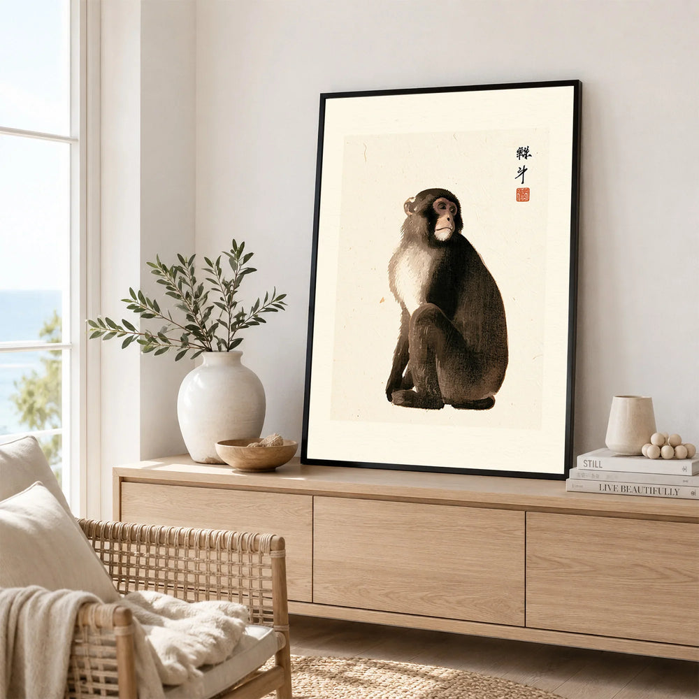Vintage Japanese Monkey Art Print – Animal Wall Art — framed artwork living room lifestyle setting
