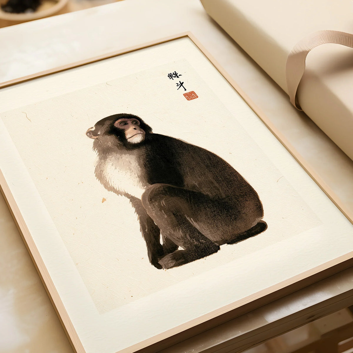 Vintage Japanese Monkey Art Print – Animal Wall Art — framed art print closeup gift unwrapped natural frame