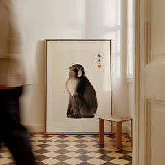 Vintage Japanese Monkey Art Print – Animal Wall Art — framed canvas on floor man walking past