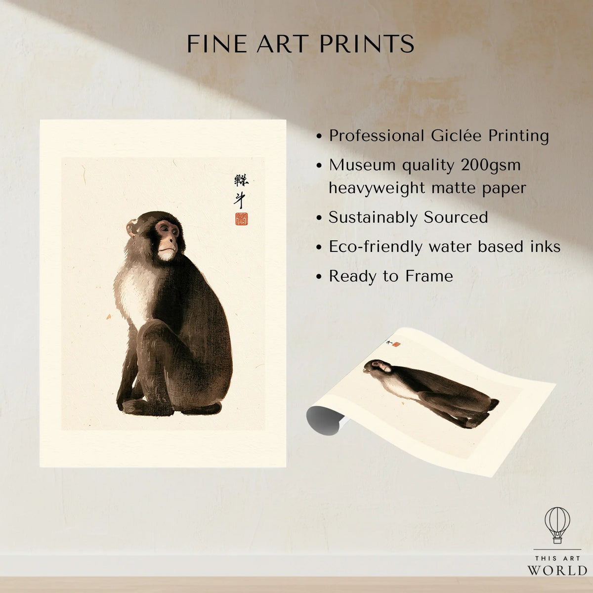 Vintage Japanese Monkey Art Print – Animal Wall Art — fine art print unframed quality details