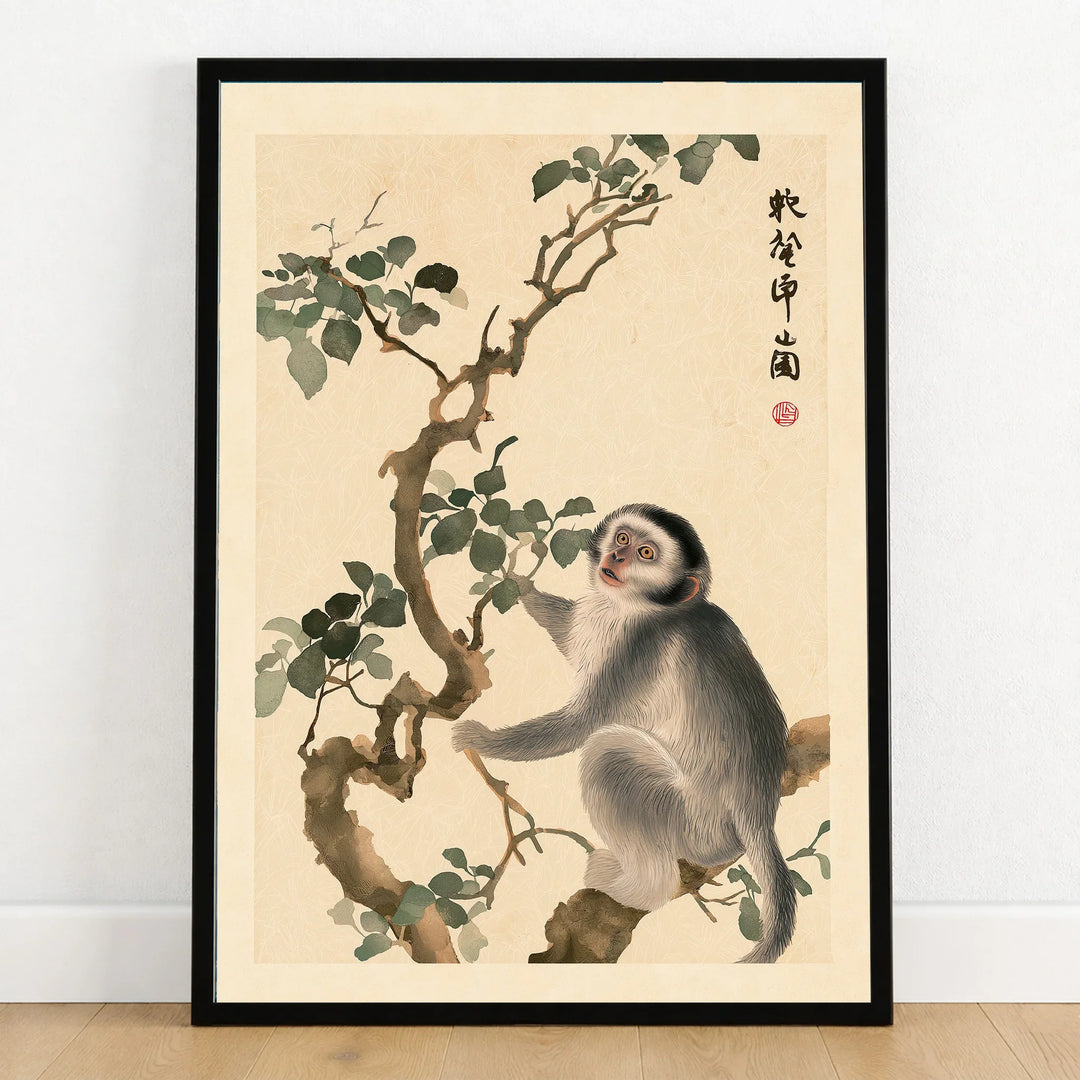 Japanese Monkey Art Print – Vintage Botanical Wall Art — art print in black frame on wooden floor