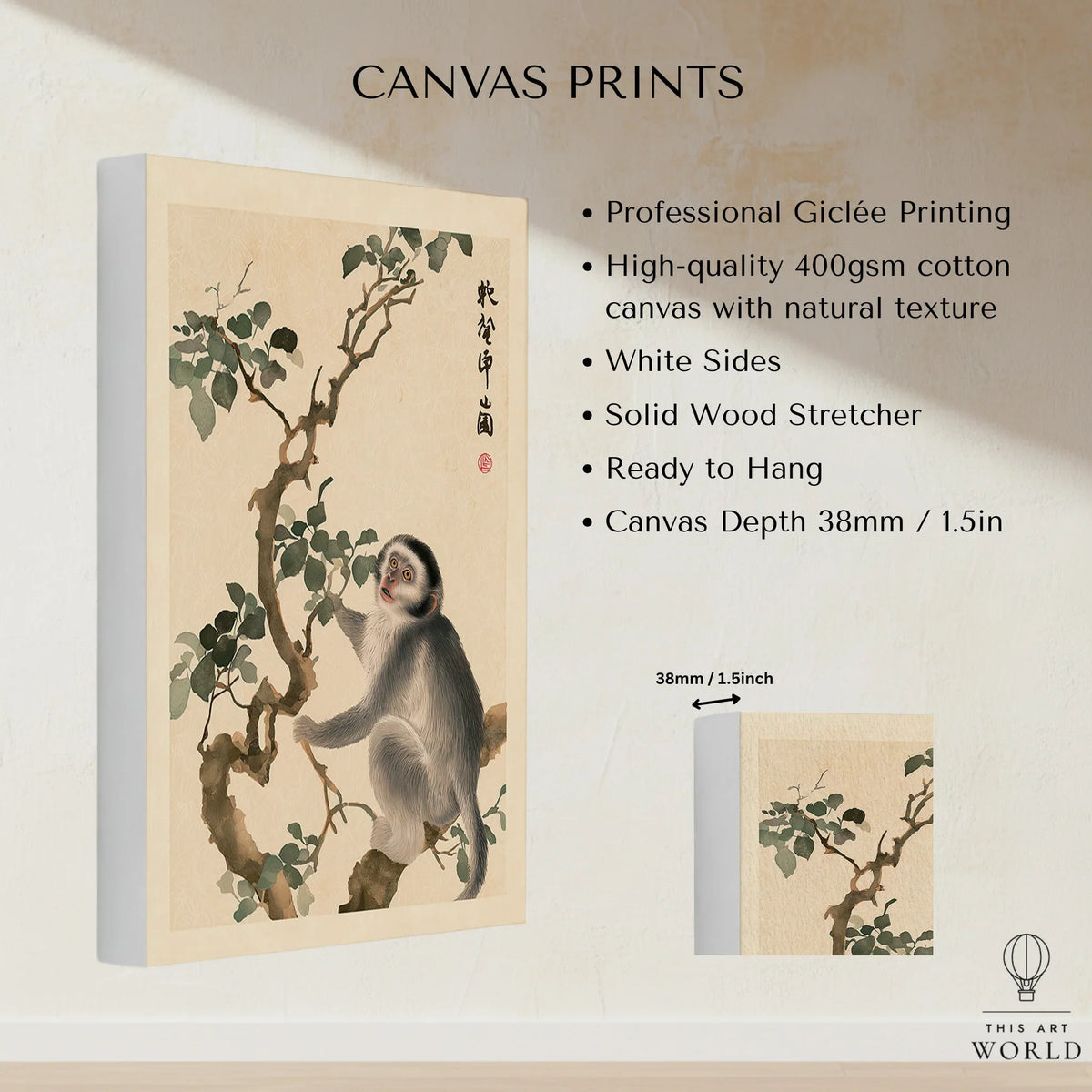 Japanese Monkey Art Print – Vintage Botanical Wall Art — canvas print stretched cotton canvas details