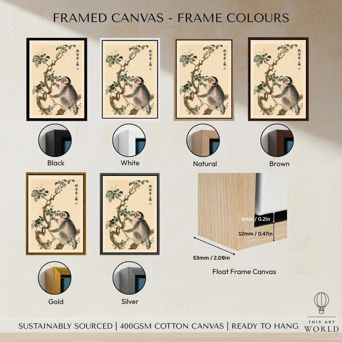 Japanese Monkey Art Print – Vintage Botanical Wall Art — framed canvas float frame colour options