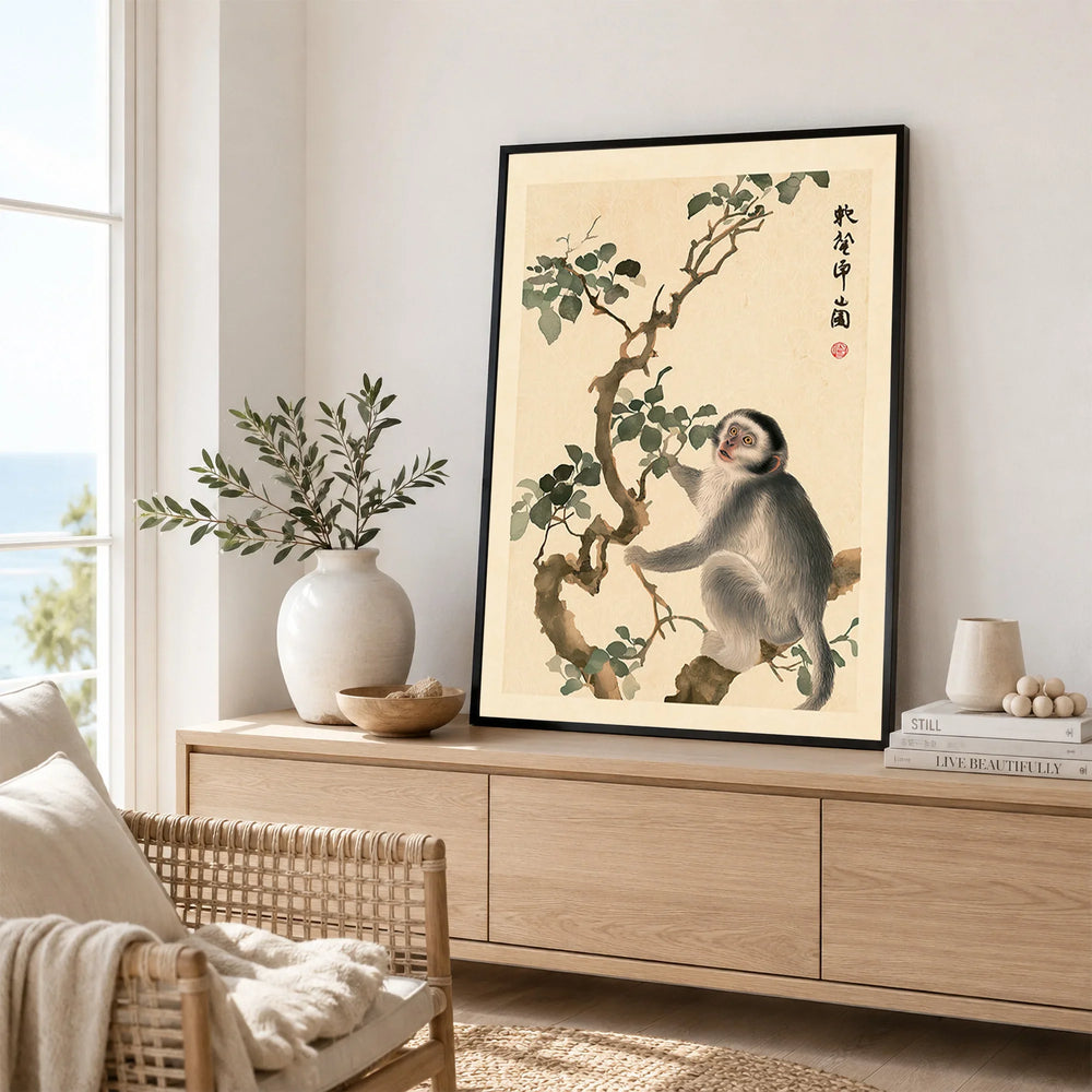 Japanese Monkey Art Print – Vintage Botanical Wall Art — framed artwork living room lifestyle setting