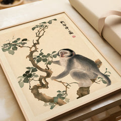 Japanese Monkey Art Print – Vintage Botanical Wall Art — framed art print closeup gift unwrapped natural frame