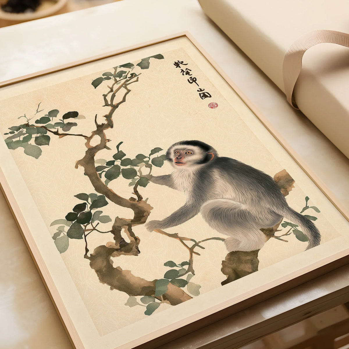 Japanese Monkey Art Print – Vintage Botanical Wall Art — framed art print closeup gift unwrapped natural frame