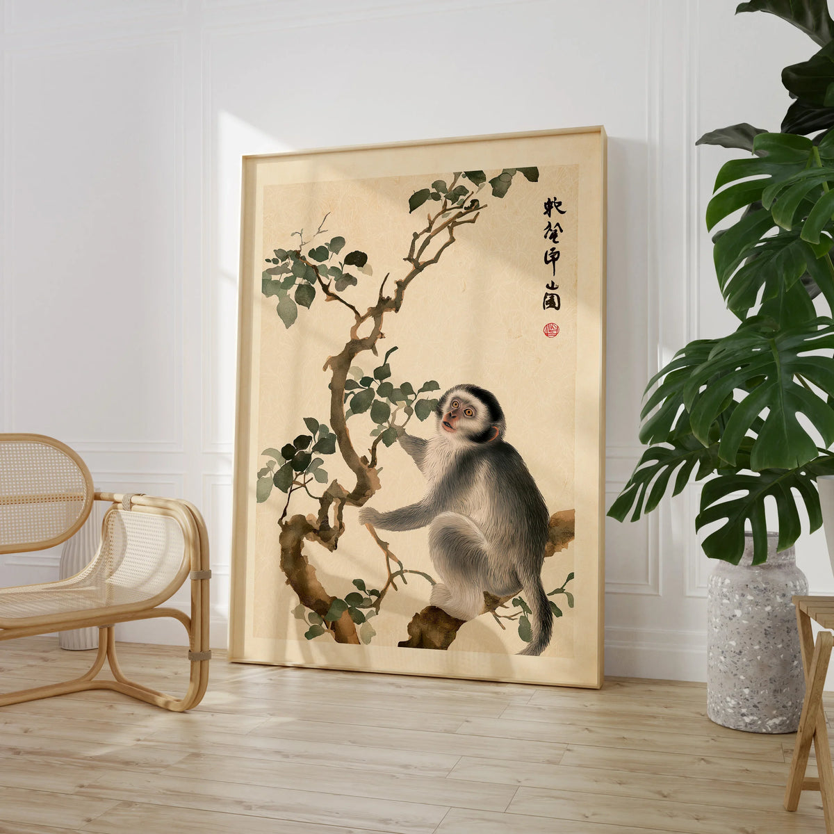 Japanese Monkey Art Print – Vintage Botanical Wall Art — large framed print room setting chair plant