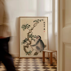 Japanese Monkey Art Print – Vintage Botanical Wall Art — framed canvas on floor man walking past