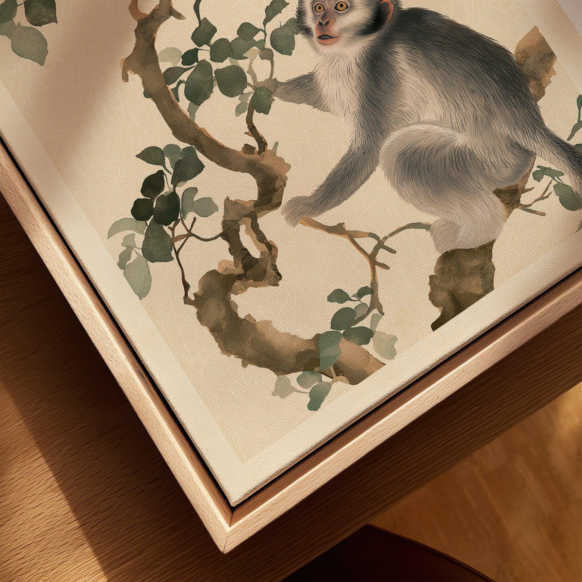 Japanese Monkey Art Print – Vintage Botanical Wall Art — closeup framed canvas natural wood floating frame