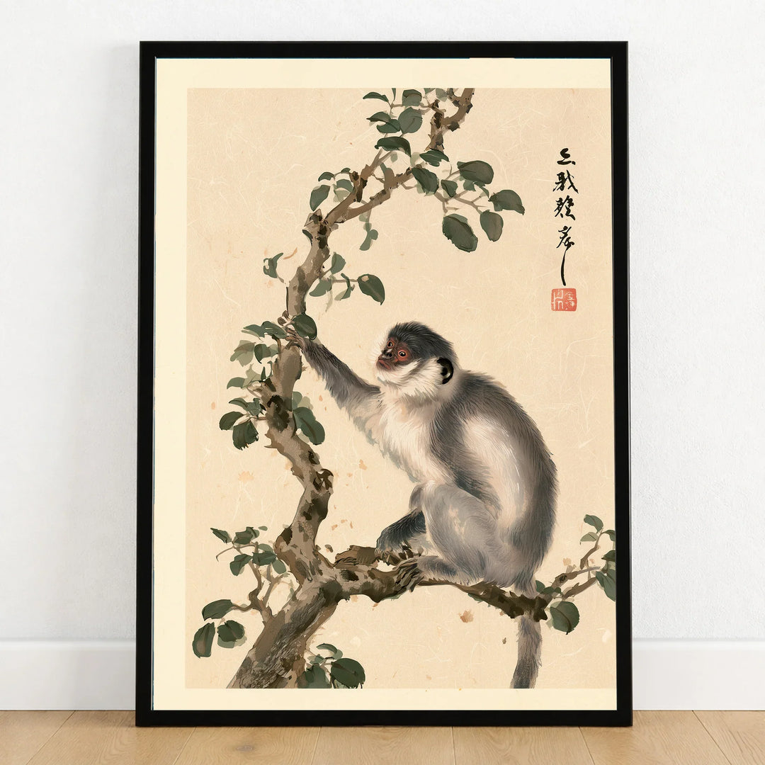 Japanese Monkey Wall Art – Vintage Nature Art Print — art print in black frame on wooden floor