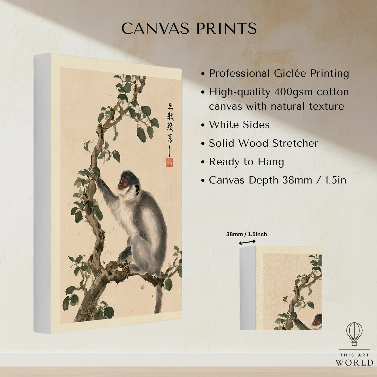 Japanese Monkey Wall Art – Vintage Nature Art Print — canvas print stretched cotton canvas details