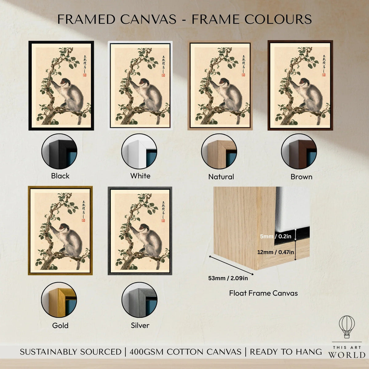 Japanese Monkey Wall Art – Vintage Nature Art Print — framed canvas float frame colour options