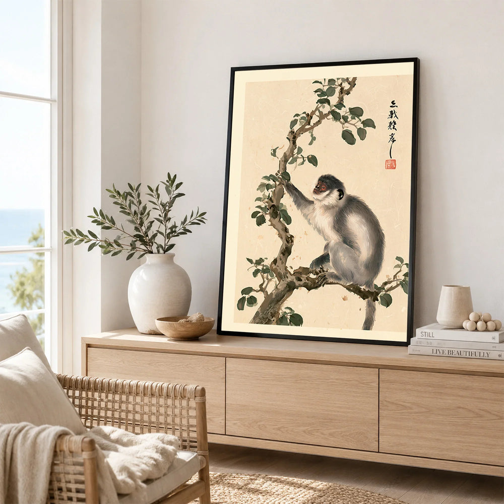 Japanese Monkey Wall Art – Vintage Nature Art Print — framed artwork living room lifestyle setting