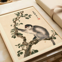 Japanese Monkey Wall Art – Vintage Nature Art Print — framed art print closeup gift unwrapped natural frame