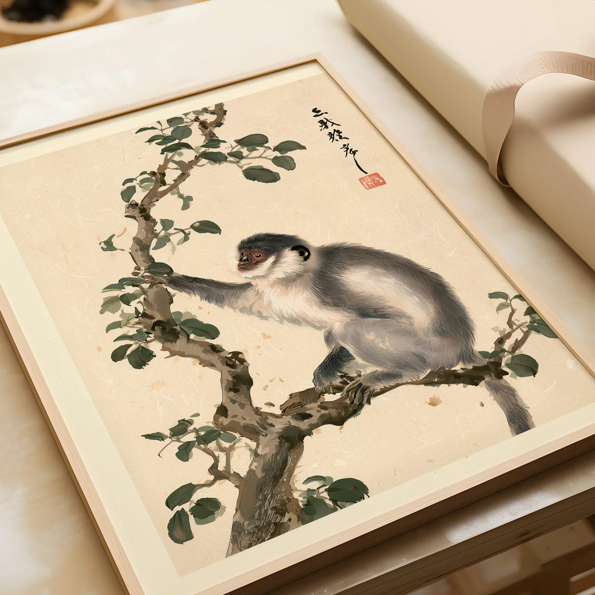 Japanese Monkey Wall Art – Vintage Nature Art Print — framed art print closeup gift unwrapped natural frame