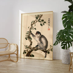 Japanese Monkey Wall Art – Vintage Nature Art Print — large framed print room setting chair plant