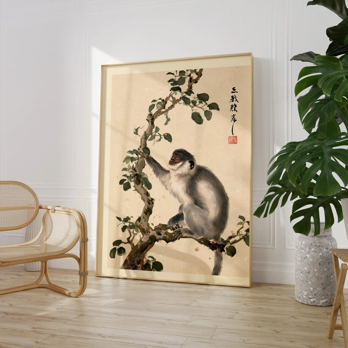 Japanese Monkey Wall Art – Vintage Nature Art Print — large framed print room setting chair plant