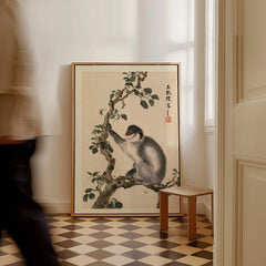 Japanese Monkey Wall Art – Vintage Nature Art Print — framed canvas on floor man walking past