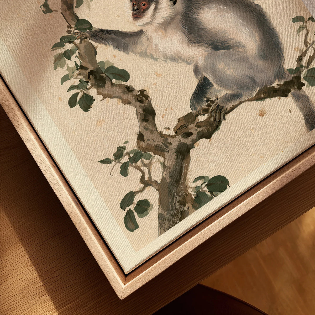 Japanese Monkey Wall Art – Vintage Nature Art Print — closeup framed canvas natural wood floating frame