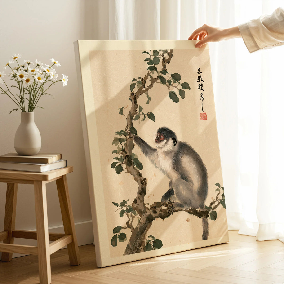 Japanese Monkey Wall Art – Vintage Nature Art Print — canvas print mirror edge hand holding room setting
