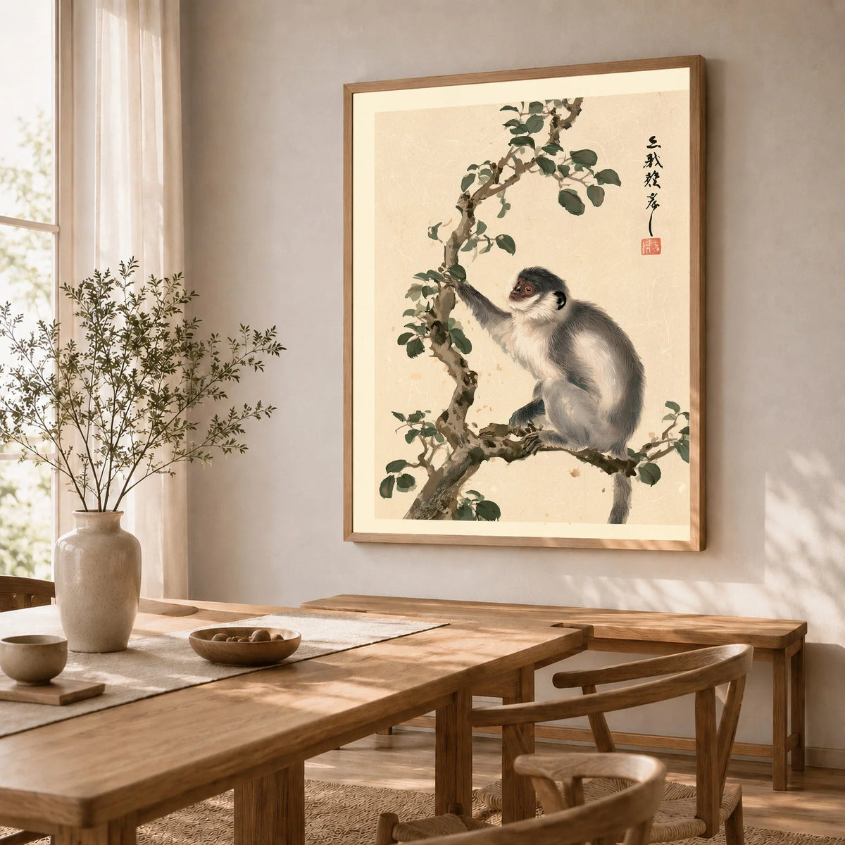 Japanese Monkey Wall Art – Vintage Nature Art Print — dining room framed print natural wood frame