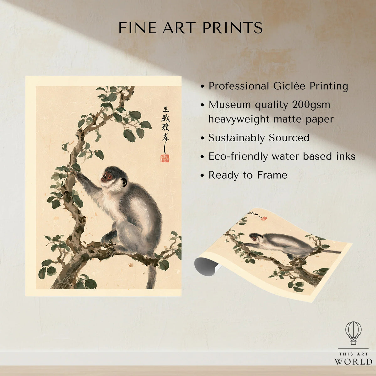 Japanese Monkey Wall Art – Vintage Nature Art Print — fine art print unframed quality details