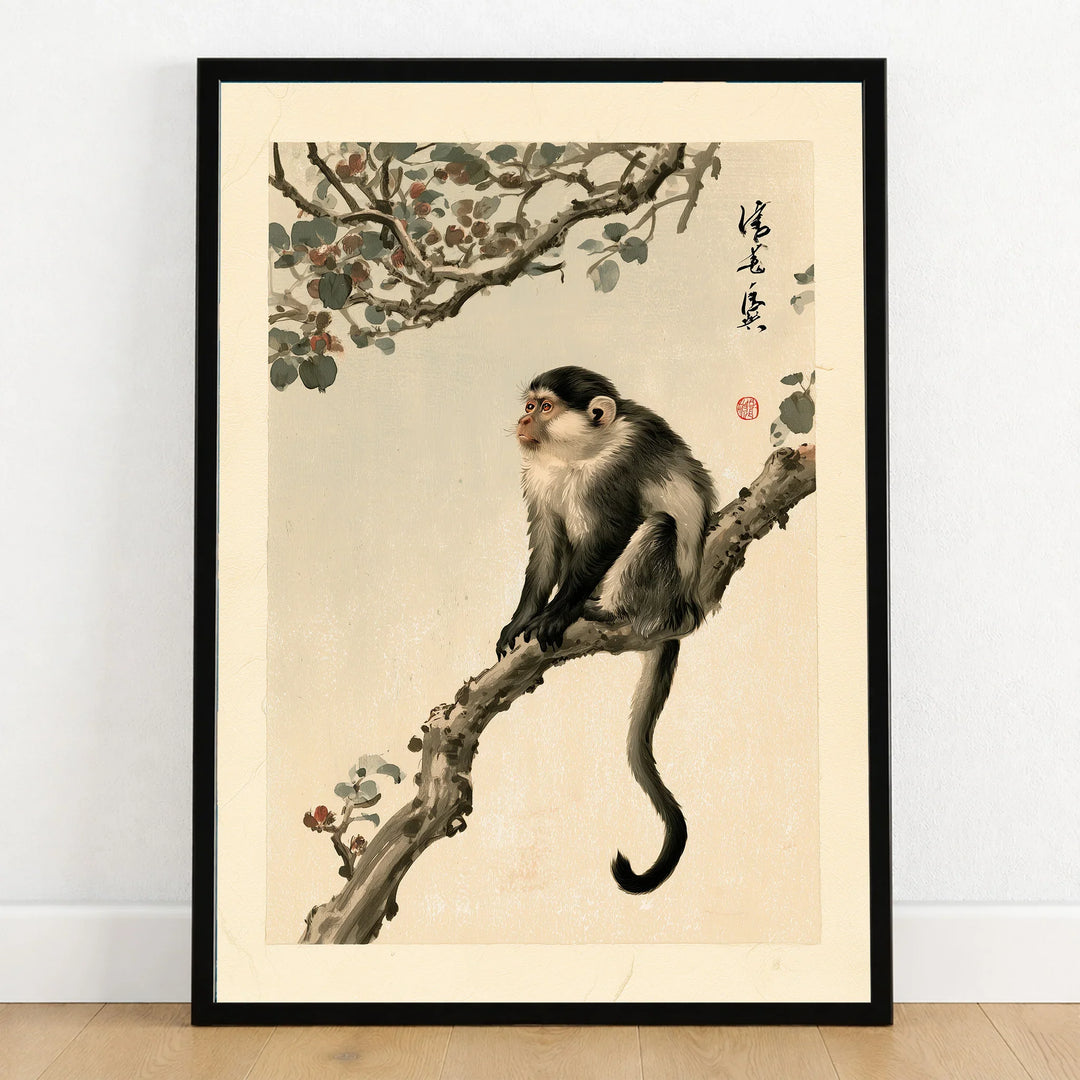 Japanese Monkey Art Print – Vintage Japanese Wall Decor — art print in black frame on wooden floor