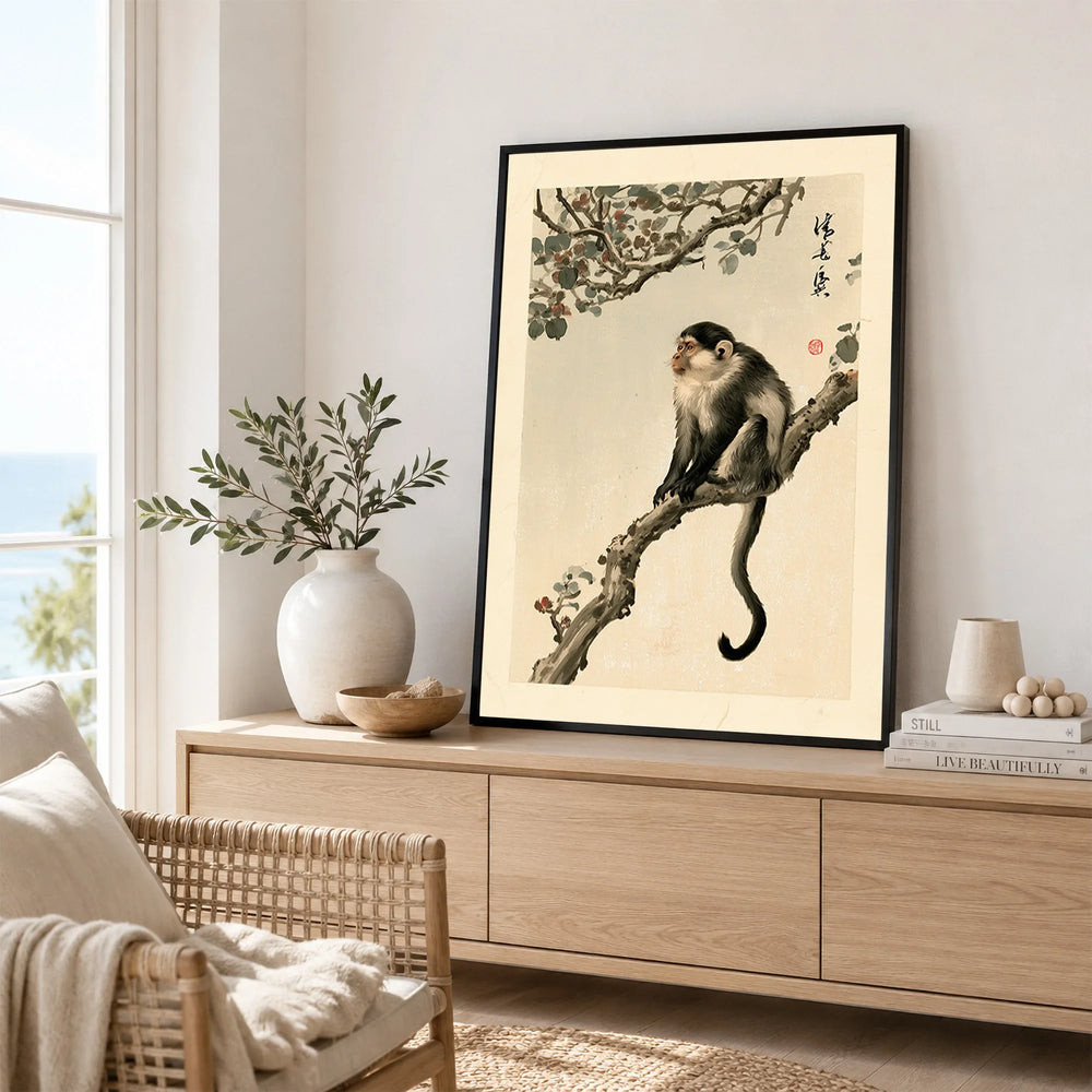 Japanese Monkey Art Print – Vintage Japanese Wall Decor — framed artwork living room lifestyle setting