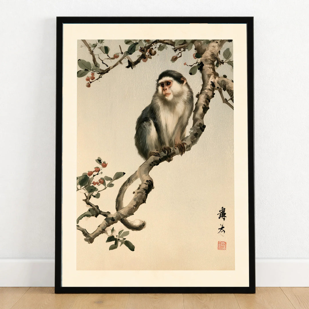 Japanese Monkey Wall Art – Vintage Botanical Art Print — art print in black frame on wooden floor