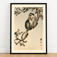 Japanese Monkey Wall Art – Vintage Botanical Art Print — art print in black frame on wooden floor
