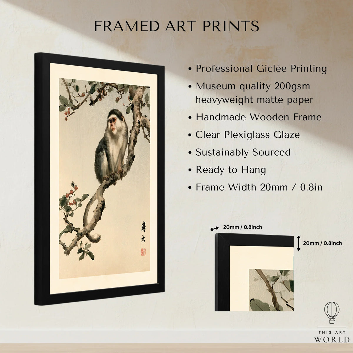 Japanese Monkey Wall Art – Vintage Botanical Art Print — framed print details measurements quality details