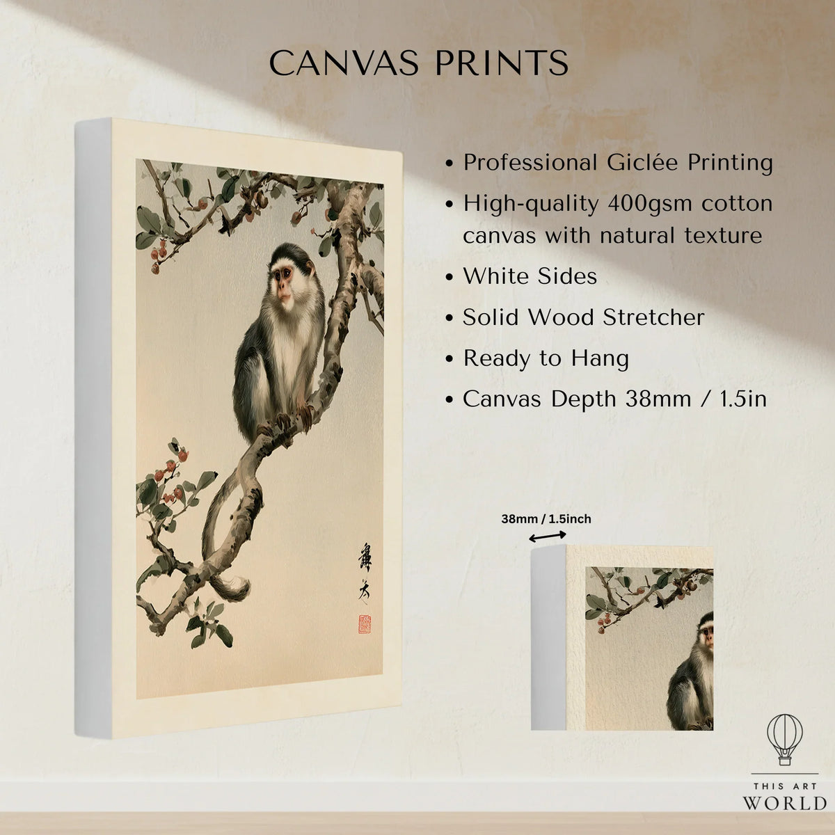 Japanese Monkey Wall Art – Vintage Botanical Art Print — canvas print stretched cotton canvas details