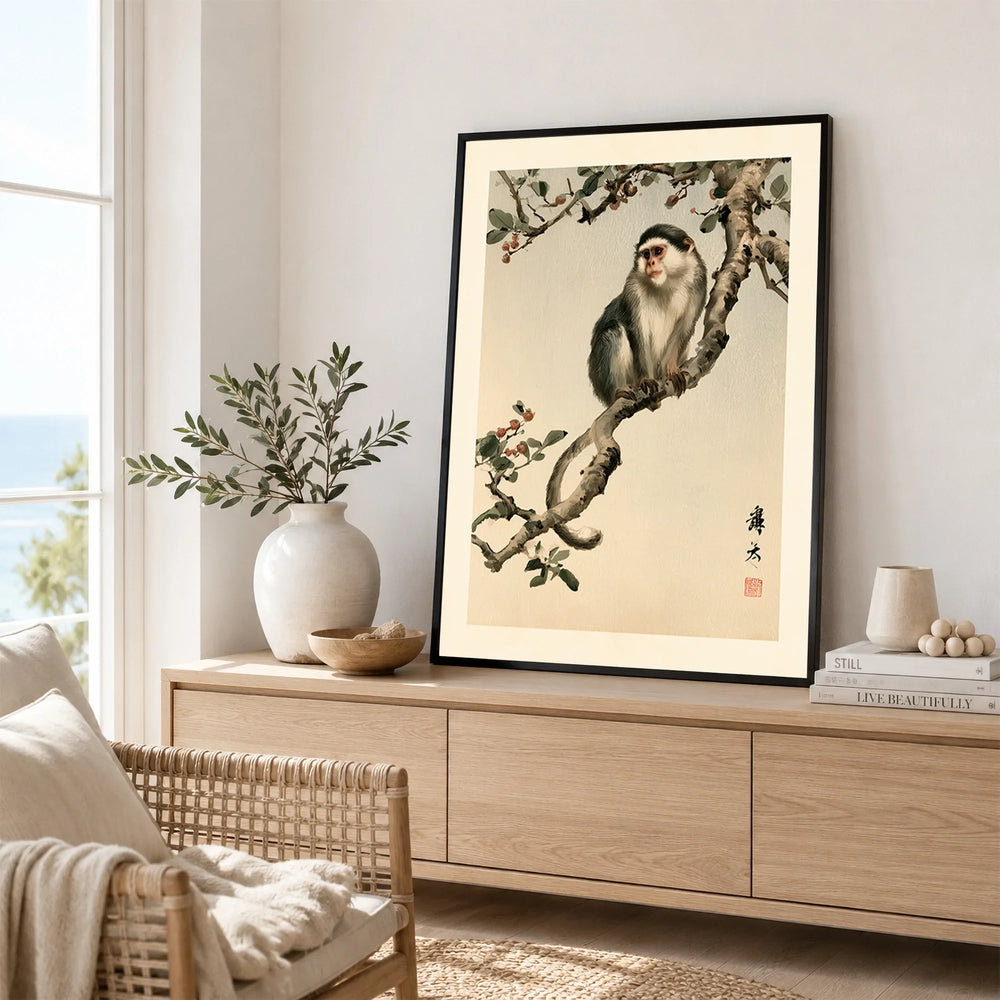 Japanese Monkey Wall Art – Vintage Botanical Art Print — framed artwork living room lifestyle setting