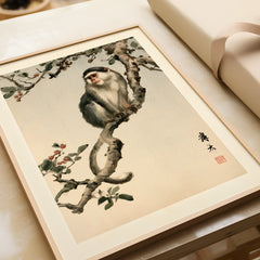 Japanese Monkey Wall Art – Vintage Botanical Art Print — framed art print closeup gift unwrapped natural frame
