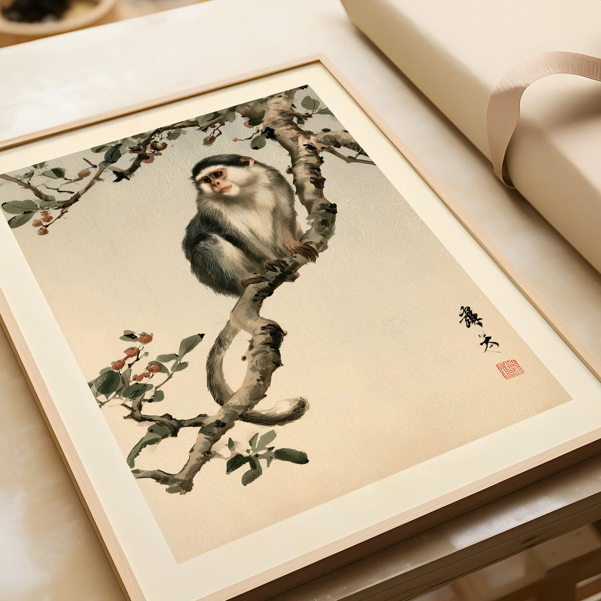 Japanese Monkey Wall Art – Vintage Botanical Art Print — framed art print closeup gift unwrapped natural frame