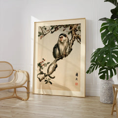 Japanese Monkey Wall Art – Vintage Botanical Art Print — large framed print room setting chair plant