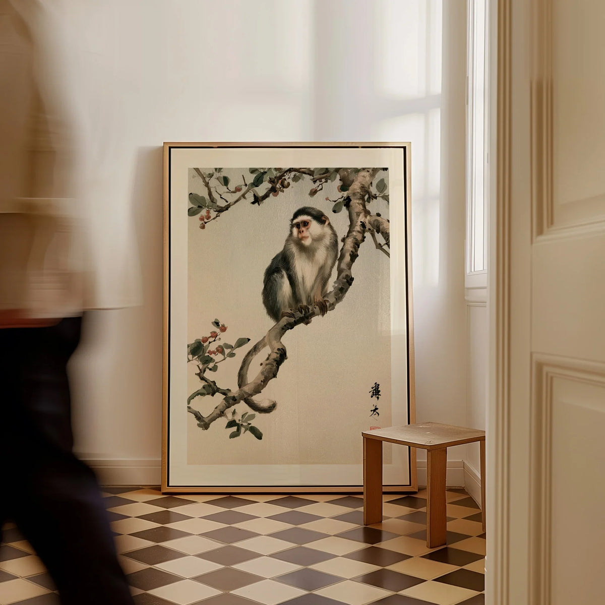Japanese Monkey Wall Art – Vintage Botanical Art Print — framed canvas on floor man walking past