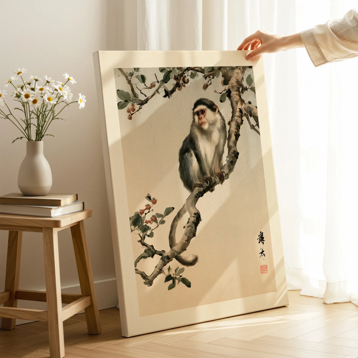 Japanese Monkey Wall Art – Vintage Botanical Art Print — canvas print mirror edge hand holding room setting